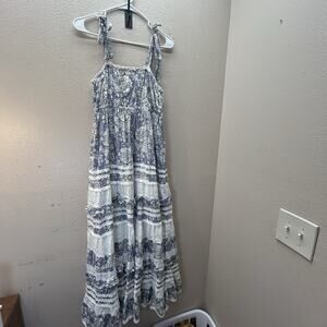 Tree Of Life Cottagecore Smocked Floral Boho Dress Maxi SZ L Tiered 100% Cotton